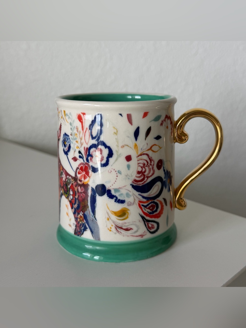 Anthropologie Folklore Fawn Starla Halfmann Turquoise Gold Floral Deer 14oz Mug